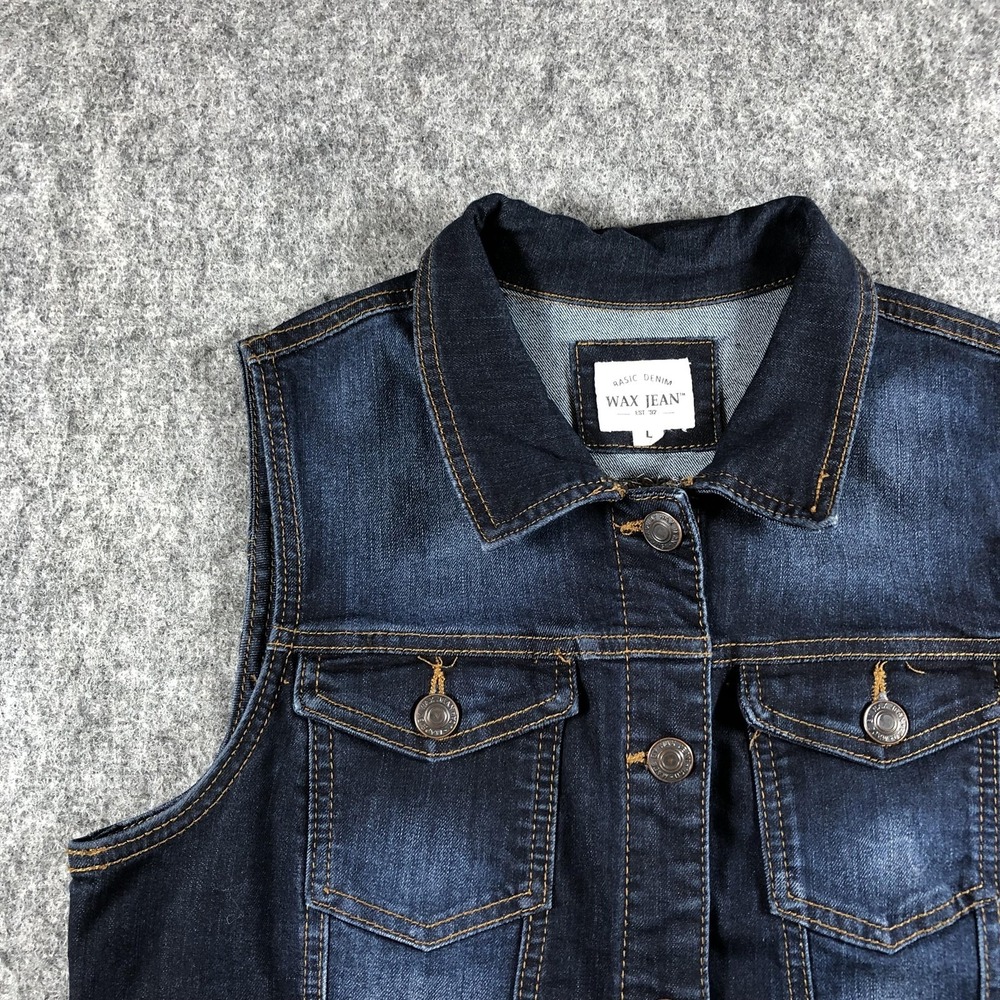 Wax Jean Womens Large Blue Stretch Denim Trucker Vest Button Front - Picture 3 of 14